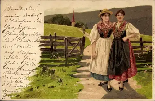 Künstler Litho Mailick, Zwei Frauen in deutschen Trachten, Dorf, Straße