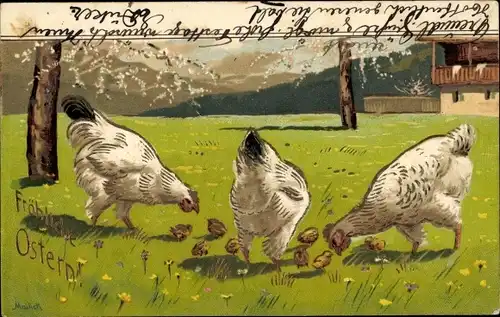 Künstler Ak Mailick, Glückwunsch Ostern, Hühner auf der Wiese, Küken