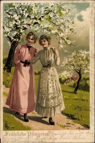 Künstler Litho Mailick, Fröhliche Pfingsten, Zwei Frauen gehen spazieren