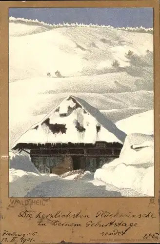 Künstler Litho Wald Heil, Berghütte, Winterszene