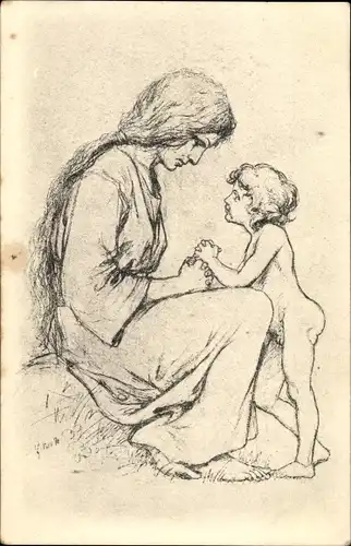 Künstler Ak Fidus, Zwiegebet von 1890, Mutter mit Kind