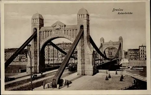 Ak Wrocław Breslau Schlesien, Kaiserbrücke, Straßenbahn, Dampfer, Freiheitsbrücke