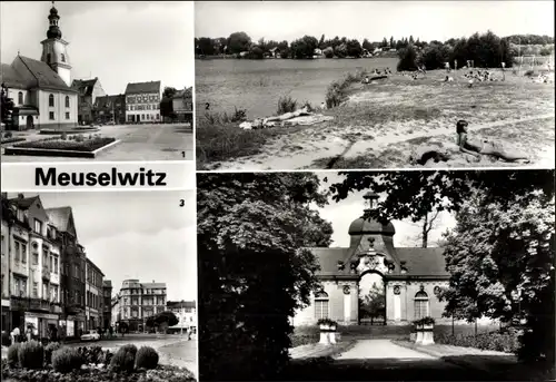 Ak Meuselwitz in Thüringen, Markt, Orangerie, Hainbergsee, Blick zum Markt