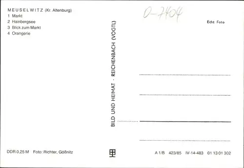 Ak Meuselwitz in Thüringen, Markt, Orangerie, Hainbergsee, Blick zum Markt