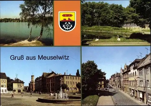Ak Meuselwitz in Thüringen, Hainbergsee, Markt, Mühlenteich, Bahnhofstraße, Wappen