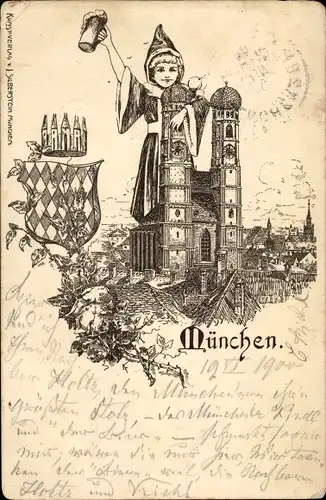 Ak München, Kirche, Kind mit Maß Bier, Wappen