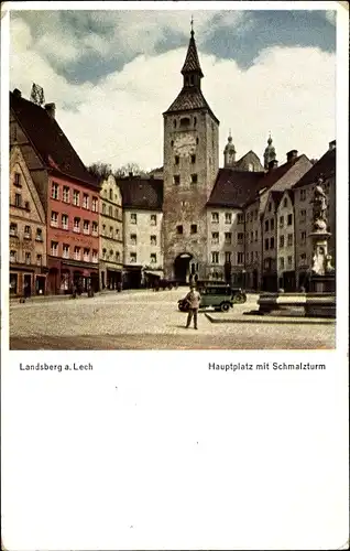 Ak Landsberg am Lech in Oberbayern, Hauptplatz mit Schmalzturm, Brunnen