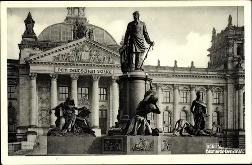Ak Berlin Tiergarten, Reichstagsgebäude, Bismarck-Denkmal, Schriftzug Dem Deutschen Volke