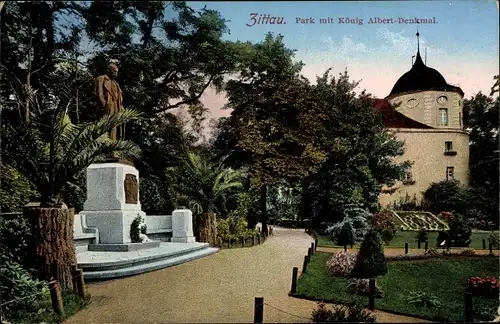 Ak Zittau in Sachsen, Park mit König Albert-Denkmal
