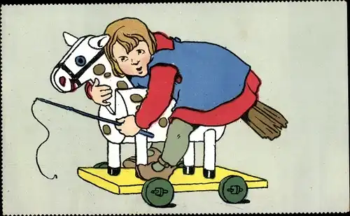 Ak Kind auf einem Holzpferd auf Rollen, Spielzeugpferd