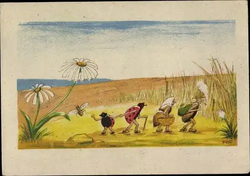 Künstler Ak Vermenschlichte Käferfamilie auf Wanderung, Angermann Postkarte