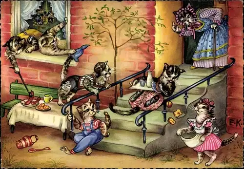 Künstler Ak Vermenschlichte Katzenkinder auf einer Treppe, Essen