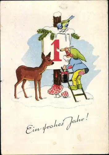 Ak Glückwunsch Neujahr, Zwerg malt Kalenderblatt, Reh