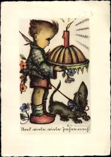 Künstler Ak Hummel, Berta, Nr. 4513, Und viele Jahre noch, Junge mit Hund und Kuchen