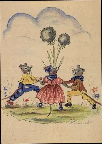 Künstler Ak Schumacher, M., Vermenschlichte Mäuse tanzen um Blumen
