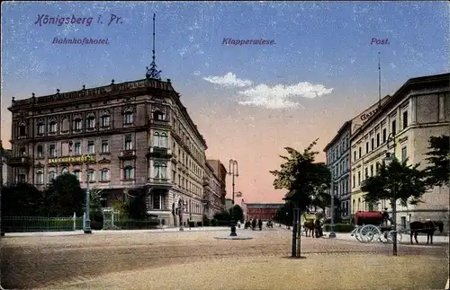 Ak Kaliningrad Königsberg Ostpreußen, Klapperwiese, Bahnhofshotel, Post