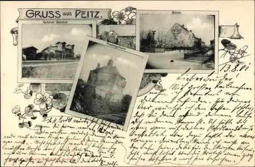 Ak Peitz in der Niederlausitz, Gubener Bahnhof, Schule, Festungsturm