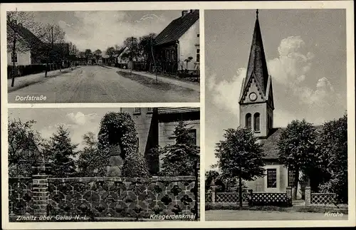 Ak Zinnitz Calau in der Niederlausitz, Dorfstraße, Kriegerdenkmal, Kirche