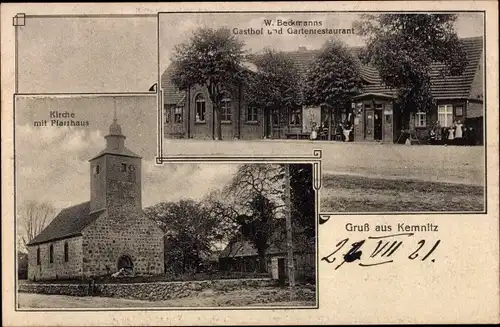 Ak Kemnitz Pritzwalk in der Prignitz, Kirche, Pfarrhaus, Gasthof, Gartenrestaurant W. Beckmann