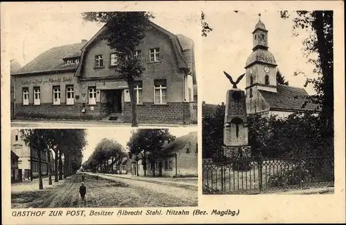Ak Nitzahn Milower Land im Havelland, Gasthof zur Post, Kirche, Kriegerdenkmal