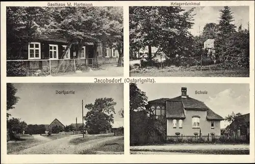 Ak Jacobsdorf Jakobsdorf Putlitz in der Prignitz, Gasthaus, Kriegerdenkmal, Dorfstraße, Schule