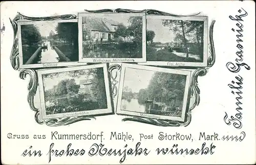 Ak Kummersdorf Storkow in der Mark, Schleuse, Wirtshaus Mühlenheim, Schneidemühle