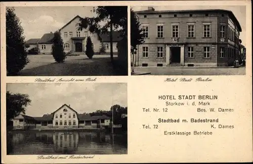 Ak Storkow in der Mark, Hotel Stadt Berlin, Stadtbad, Badestrand
