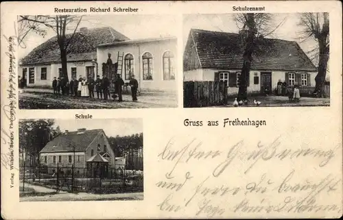 Ak Freienhagen Liebenwalde in Brandenburg, Restauration Richard Schreiber, Schulzenamt, Schule