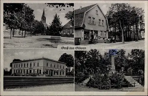 Ak Glöwen Plattenburg in der Prignitz, Kirche, Schule, Bahnhof, Kriegerdenkmal, Geschäftshaus