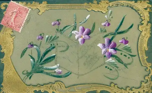 Passepartout Zelluloid Ak Glückwunsch, Bonne Fete, Blühende Blumen, Glitzer