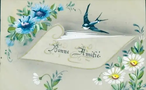 Zelluloid Ak Schwalbe, Margeriten, Blumen