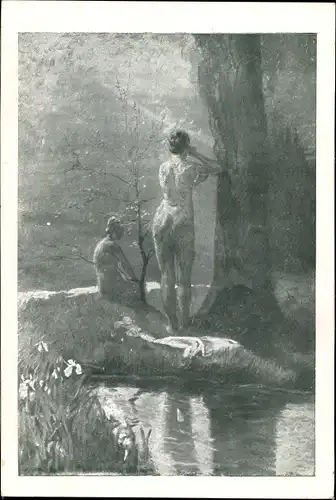 Künstler Ak Pleuer, Mondnacht, Fluss, Frau am Baum