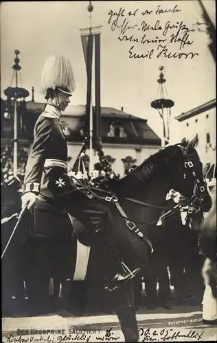 Ak Kronprinz Wilhelm von Preußen, Portrait in Paradeuniform auf einem Pferd, Mérite Orden