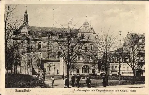 Ak Essen im Ruhrgebiet, Limbecker Platz mit Kruppdenkmal und Krupphotel