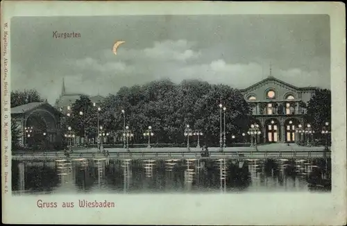Halt gegen das Licht Mondschein Ak Wiesbaden in Hessen, Kurgarten