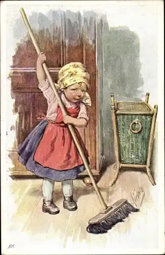 Künstler Ak Feiertag, Karl, Mädchen räumt auf, Bauernstube
