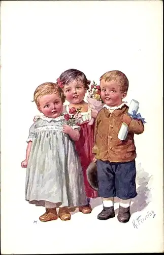 Künstler Ak Feiertag, K., Kinder, Rosen, Geschenke, Portrait
