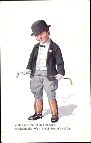 Künstler Ak Feiertag, K., Junge in Reitbekleidung, Vom Pferdestall aus besehen...