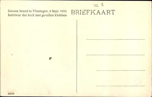 Ak Vlissingen Zeeland Niederlande, Groote brand 5. Sept. 1911, Interieur der kerk met gevallen klokk