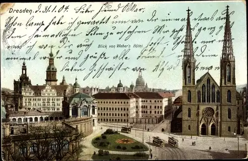 Ak Dresden Altstadt, Blick von Webers Hotel, Zwinger, Sophienkirche
