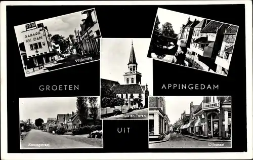 Ak Appingedam Groningen Niederlande, Wijkstraat, Koningstraat, Dijkstraat, Kirche, Garage NV. Dam