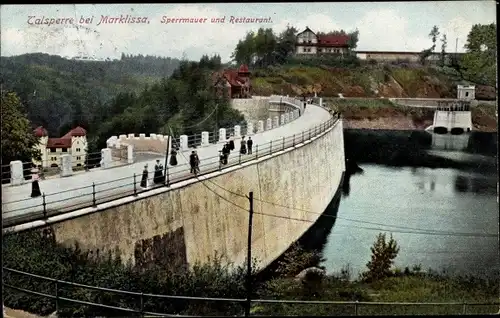 Ak Leśna Marklissa Schlesien, Queis Talsperre, Sperrmauer und Restaurant