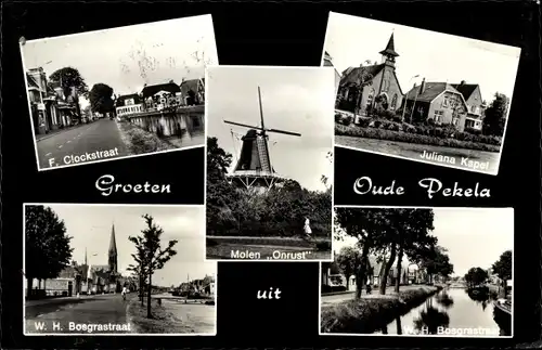 Ak Oude Pekela Groningen Niederlande, Molen Onrust, Juliana Kapel, W. H. Bosgrastraat