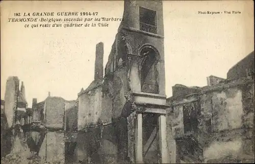 Ak Thermonde Termonde Dendermonde Ostflandern, La Grande Guerre 1914, reste d'un quartier