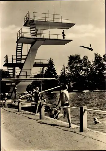 Ak Brunn Auerbach im Vogtland, Partie im Waldbad, Sprung vom Sprungturm