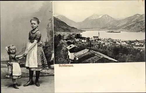 Ak Schliersee in Oberbayern, Panorama, Kirchturm, Mädchen im Trachten