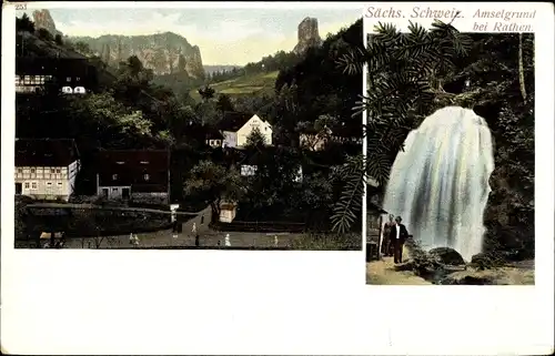 Ak Rathen an der Elbe Sächsische Schweiz, Amselgrund, Wasserfall, Teilansicht der Stadt