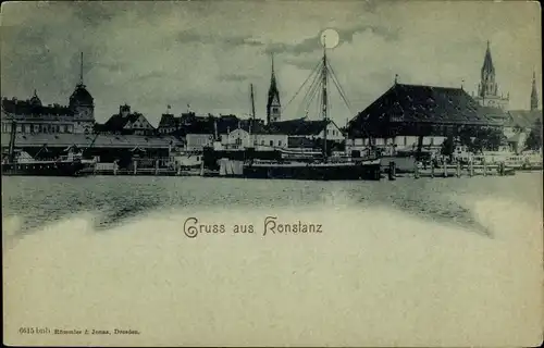 Mondschein Ak Konstanz am Bodensee, Teilansicht, Schiffe, Kirchturm