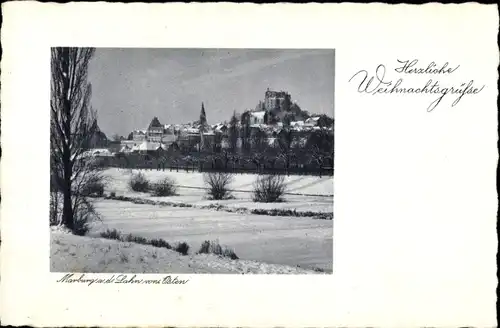 Ak Marburg an der Lahn, Neujahrsgruss, Blick auf die Stadt von Osten aus, Winter