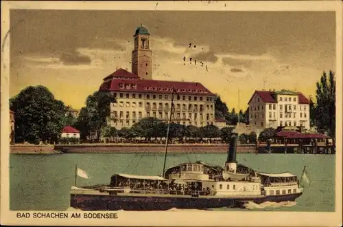Ak Bad Schachen Lindau am Bodensee Schwaben, Teilansicht, Kirchturm, Dampfer